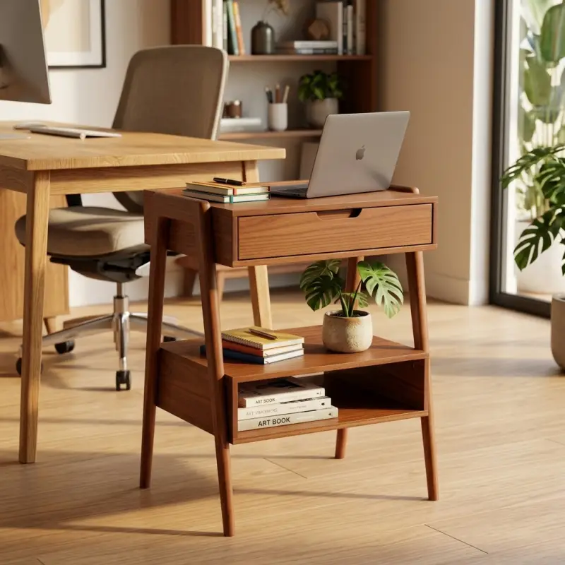 Side Table Kayu Laci 1 Pintu dengan Rak Terbuka Gaya Skandinavia [4]