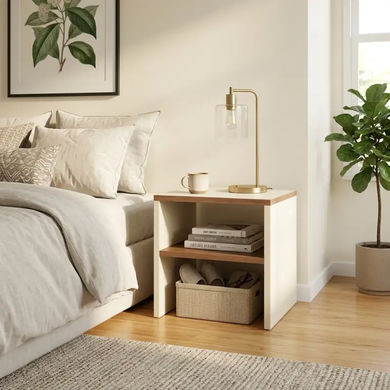 Side Table Open Shelf Dua Tingkat Kombinasi Kayu dan Panel [3]