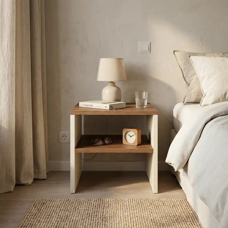 Side Table Open Shelf Dua Tingkat Kombinasi Kayu dan Panel [4]