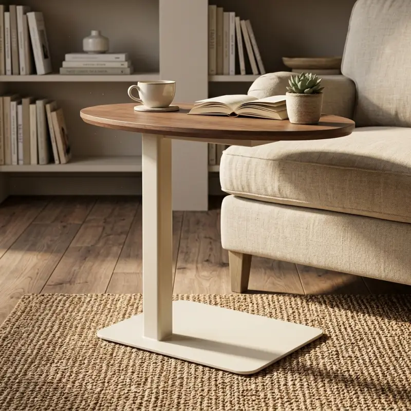 Side Table Oval Top Kayu Walnut Kaki Besi [2]