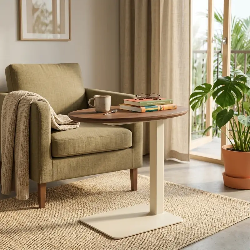 Side Table Oval Top Kayu Walnut Kaki Besi [4]