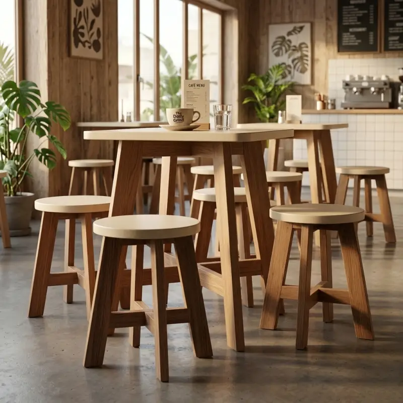 Stool Cafe Kayu Solid Kaki A-Frame Seat Bulat [3]