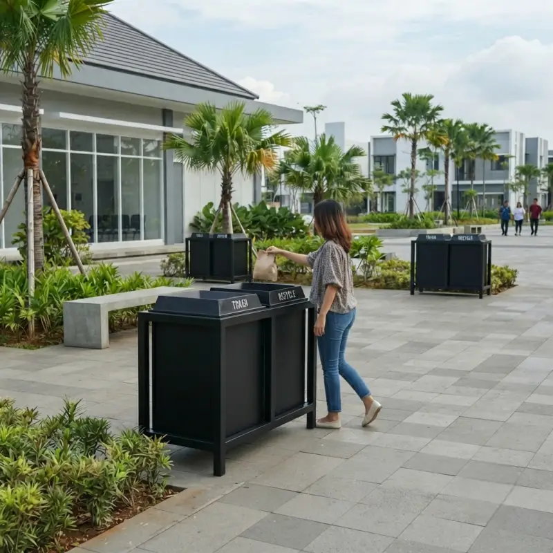 Tempat Sampah Dua Kompartemen Besi Powder Coat Hitam [2]