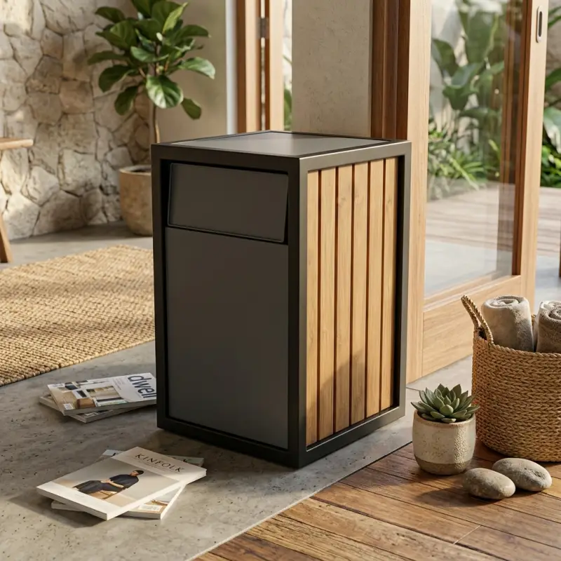 Tempat Sampah Outdoor Besi Kayu dengan Penutup Swing [3]