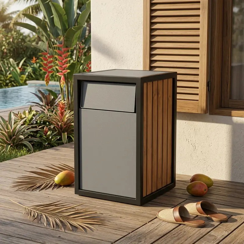 Tempat Sampah Outdoor Besi Kayu dengan Penutup Swing [4]