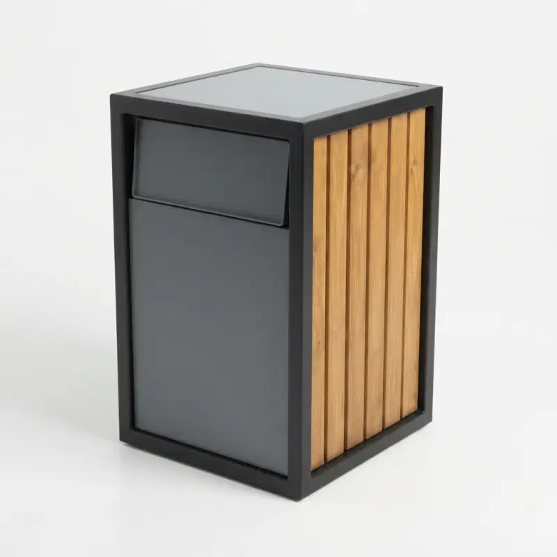 Tempat Sampah Outdoor Besi Kayu dengan Penutup Swing [5]