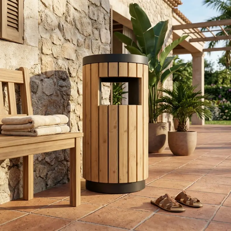 Tempat Sampah Silinder Outdoor Rangka Metal Pelapis Kayu [2]