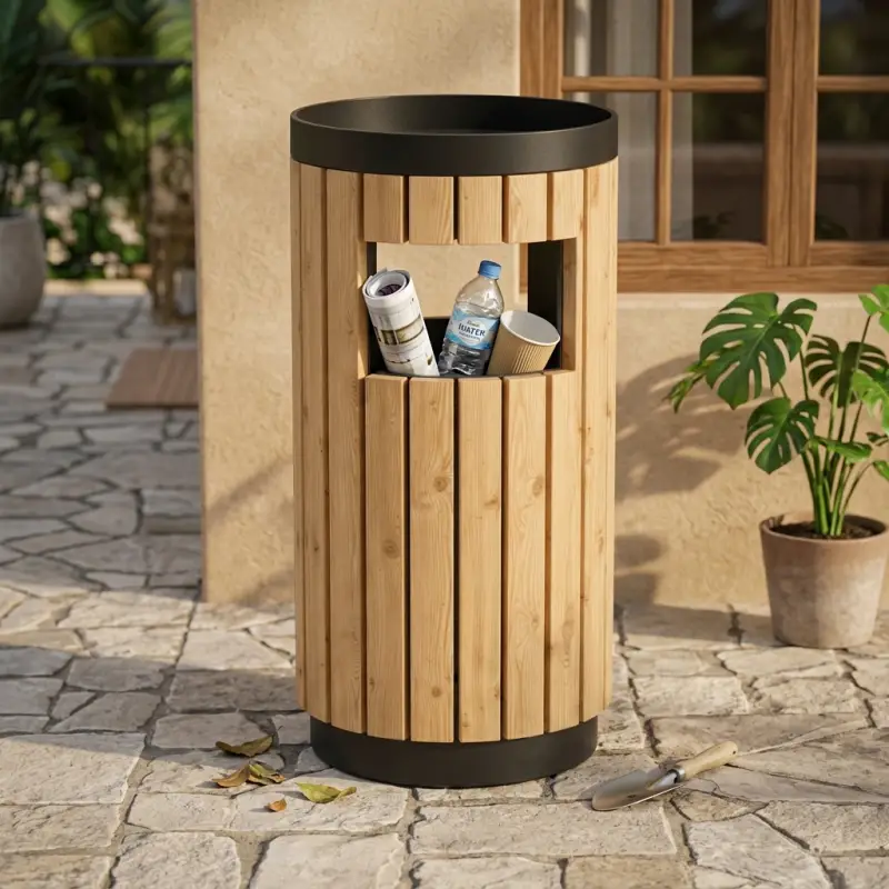 Tempat Sampah Silinder Outdoor Rangka Metal Pelapis Kayu [4]
