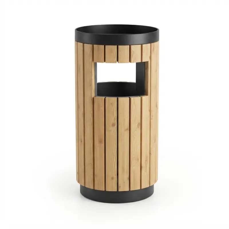Tempat Sampah Silinder Outdoor Rangka Metal Pelapis Kayu [5]