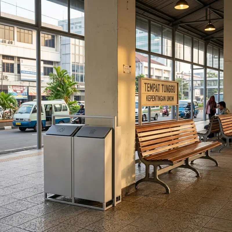 Tempat Sampah Stainless Steel Rangka Terbuka Tutup Miring [2]