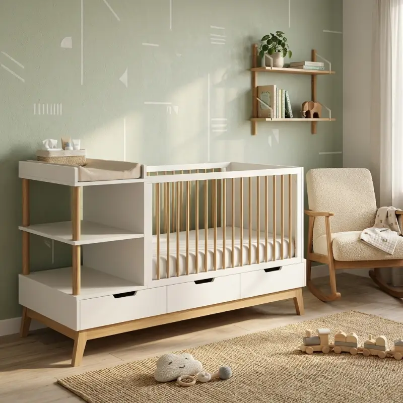 Tempat Tidur Bayi Scandinavian dengan Rak Open Shelf dan Laci Penyimpanan [2]