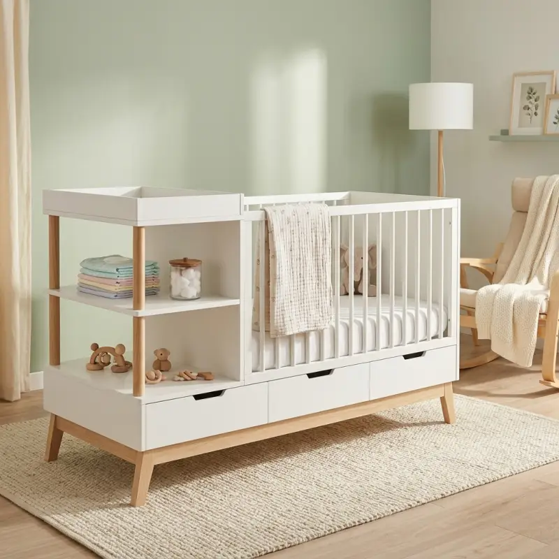 Tempat Tidur Bayi Scandinavian dengan Rak Open Shelf dan Laci Penyimpanan [3]