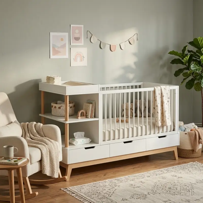Tempat Tidur Bayi Scandinavian dengan Rak Open Shelf dan Laci Penyimpanan [4]