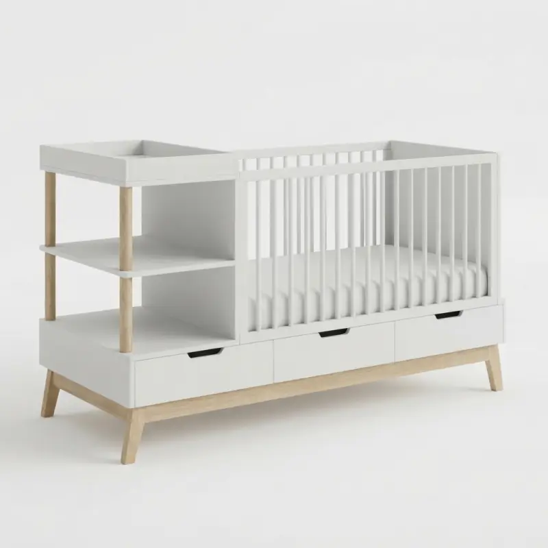Tempat Tidur Bayi Scandinavian dengan Rak Open Shelf dan Laci Penyimpanan [5]
