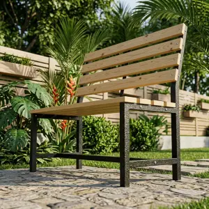 Bangku Taman Rangka Besi Finishing Tekstur dengan Dudukan Slat Kayu [4]