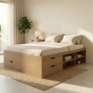 Bed Frame Kayu Storage Laci dan Rak Terbuka