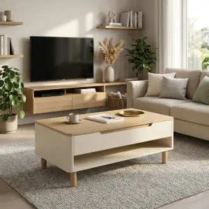 Coffee Table Kayu dengan Laci dan Rak Terbuka