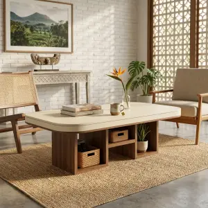 Coffee Table Kayu dengan Open Shelf Storage