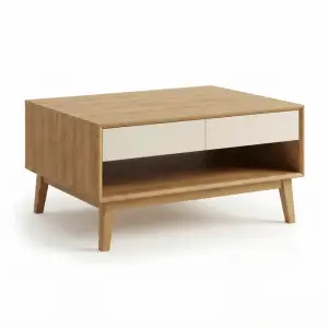 Coffee Table Kayu Skandinavian dengan Laci dan Rak Terbuka