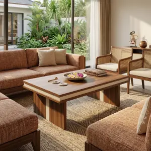 Coffee Table Kayu Walnut Aksen Krem Panel Kaki Solid [2]