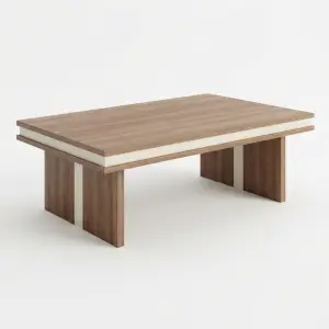 Coffee Table Kayu Walnut Aksen Krem Panel Kaki Solid [5]