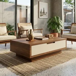 Coffee Table Kayu Walnut dengan Laci Tersembunyi Finishing Dua Warna