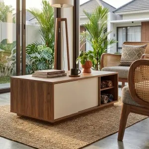 Coffee Table Kayu Walnut dengan Sliding Door dan Open Shelf