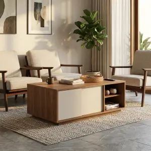 Coffee Table Kayu Walnut dengan Sliding Door dan Open Shelf [2]