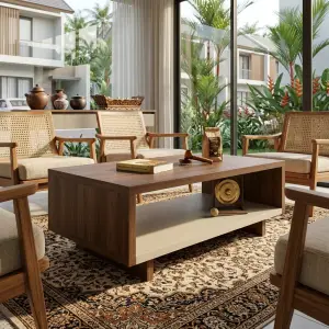 Coffee Table Kayu Walnut Rak Bawah Gaya Skandinavia