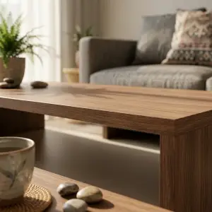 Coffee Table Kayu Walnut Rak Bawah Gaya Skandinavia [2]
