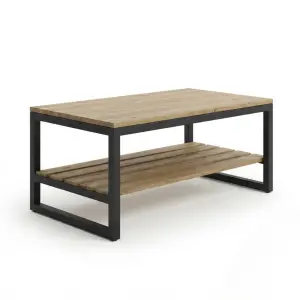 Coffee Table Rangka Besi dengan Rak Kayu Solid Dua Tingkat