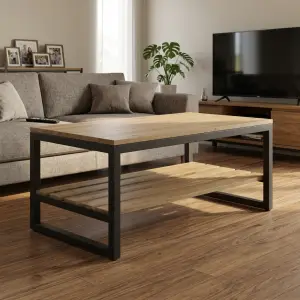 Coffee Table Rangka Besi dengan Rak Kayu Solid Dua Tingkat [2]