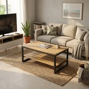 Coffee Table Rangka Besi dengan Rak Kayu Solid Dua Tingkat [5]