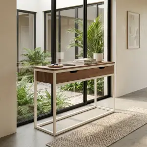 Console Table Kayu 2 Laci Rangka Besi Putih Modern