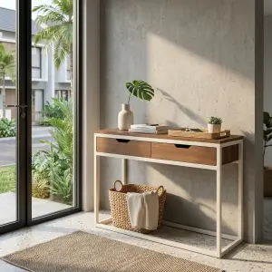 Console Table Kayu 2 Laci Rangka Besi Putih Modern [3]