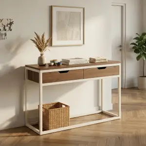 Console Table Kayu 2 Laci Rangka Besi Putih Modern [4]