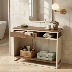 Console Table Kayu Besi Laci Geser Rak Terbuka