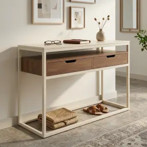 Console Table Rangka Besi Dua Laci Kayu Walnut [2]