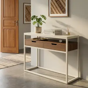 Console Table Rangka Besi Dua Laci Kayu Walnut [4]