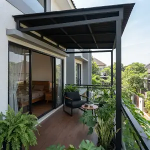 Kanopi Balkon Rangka Besi Hollow Atap Gelombang Hitam Matte