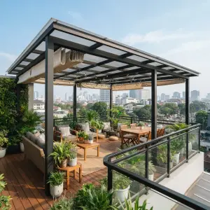 Kanopi Balkon Rooftop Rangka Besi Hollow Atap Polycarbonate & Kain