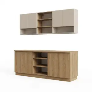 Kitchen Cabinet Kayu dengan Rak Terbuka dan Lemari Pintu