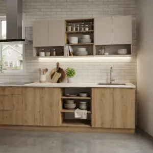 Kitchen Cabinet Kayu dengan Rak Terbuka dan Lemari Pintu [2]