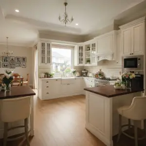 Kitchen Cabinet Klasik Putih dengan Island dan Kabinet Kaca [4]