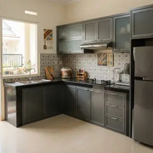 Kitchen Cabinet L-Shape Finishing Duco Abu dengan Countertop Granit Hitam [2]