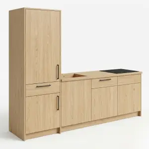 Kitchen Set Kayu Minimalis dengan Lemari Tinggi dan Laci Tarik
