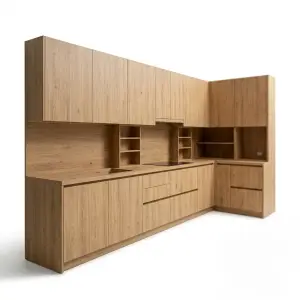 Kitchen Set Kayu Oak Minimalis dengan Upper Cabinet dan Rak Terbuka [2]