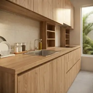 Kitchen Set Kayu Oak Minimalis dengan Upper Cabinet dan Rak Terbuka [4]