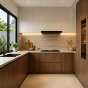 Kitchen Set Minimalis Kayu Walnut dengan Upper Cabinet