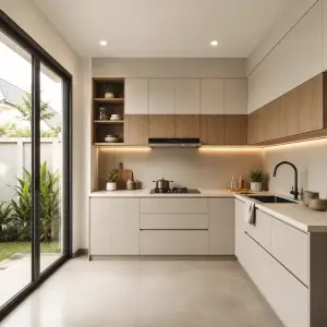 Kitchen Set Minimalis L-Shape dengan Upper & Lower Cabinet